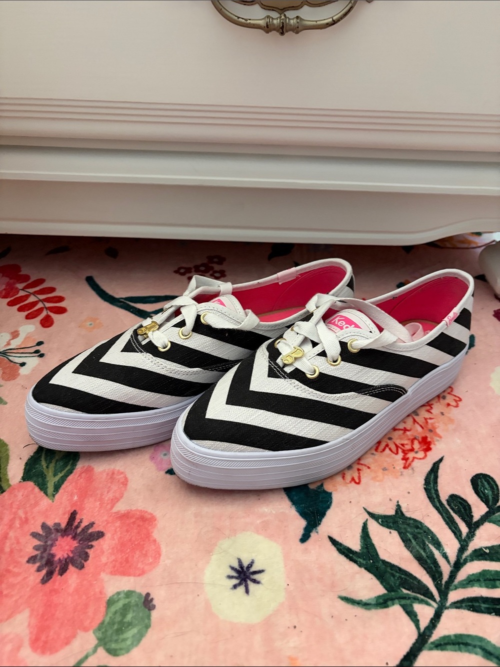 Keds Barbie Black & White Chevron Canvas Shoes with Pink Lining